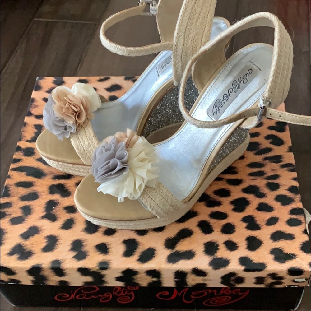 naughty monkey Beige Tan Wedge Sandals with Floral Accent